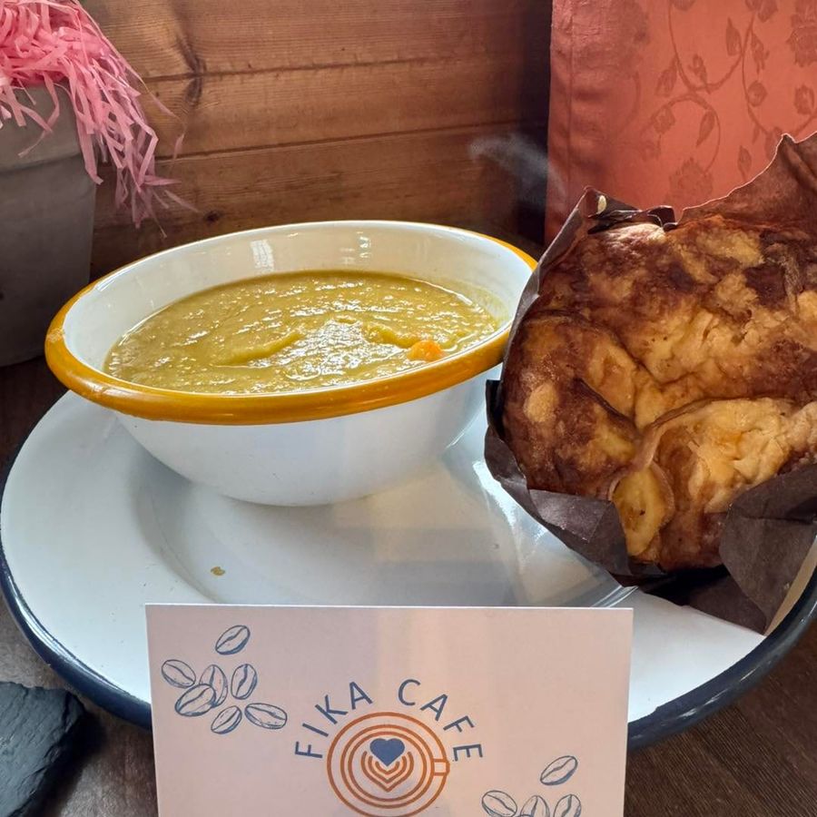 A bowl of soup and a muffin with the Fika Café card, Court Farm Lakes