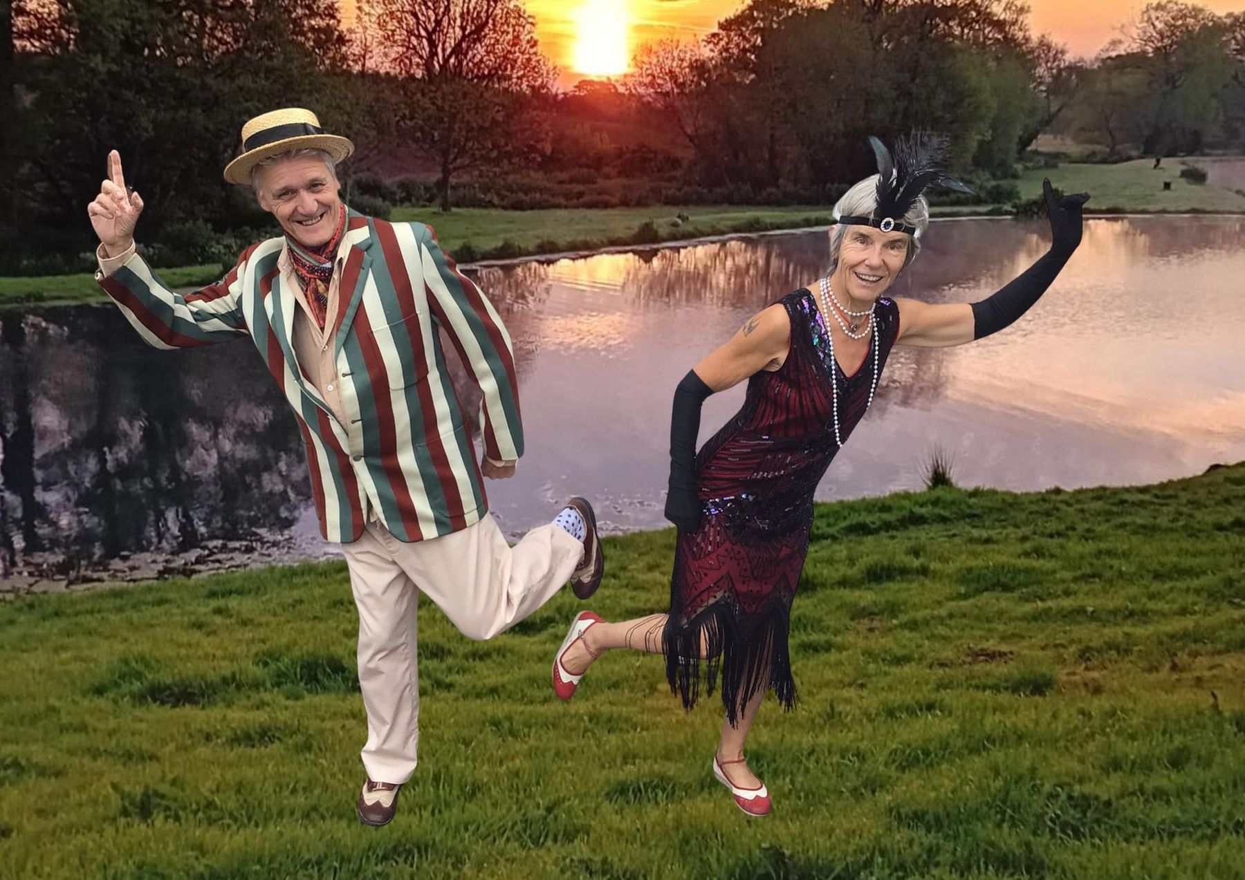 Two dancers in 1920s dress by the lake at sunset, Charleston for Charity at Court Farm Lakes