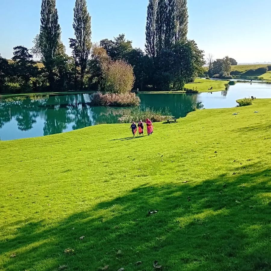 The lawn and the lake with swans on a sunny afternoon, Court Farm Lakes