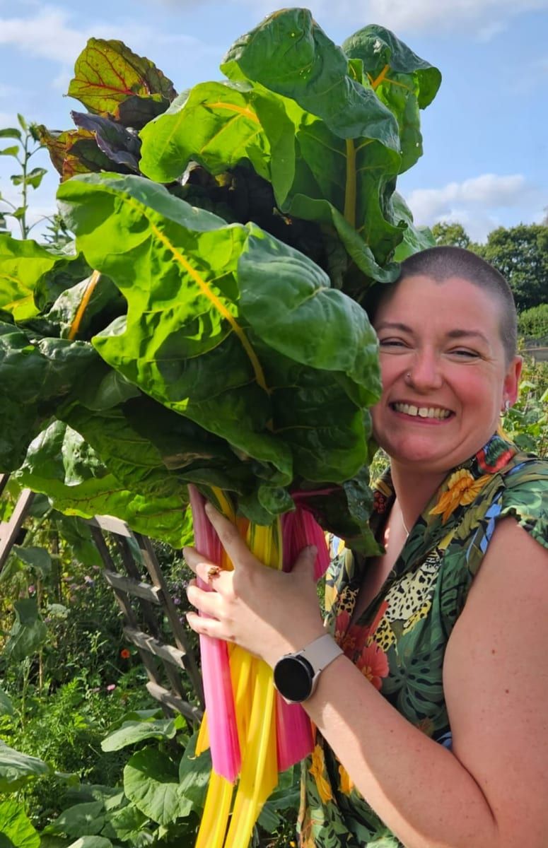 Sam Williams with an armful of rainbow chard, Court Farm Lakes